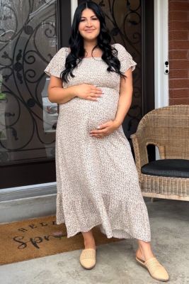 Maternity Mustard Floral Smocked Maxi Dress