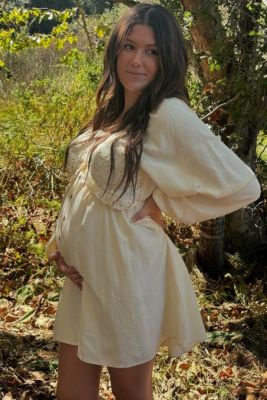 Maternity Beige Crochet Lace Button Front Dress