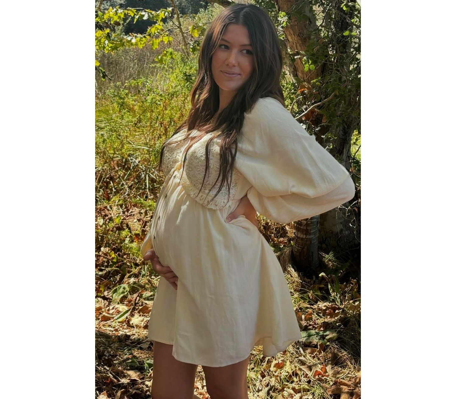 Women's Beige Crochet Lace Button Front Dress