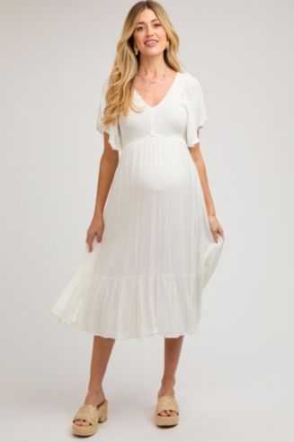 fitted smocked maternity dress Cream Floral Smocked Fitted Maternity Midi Dress