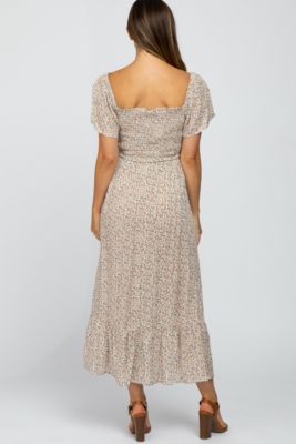 Maternity Mustard Floral Smocked Maxi Dress