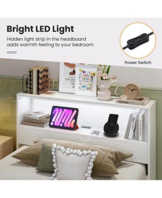 Twin Size Wooden Bed Frame w/ Charging Station & LED Light Storage Headboard