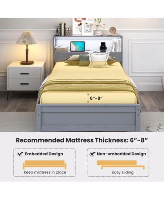 Twin Size Wooden Bed Frame w/ Charging Station & LED Light Storage Headboard