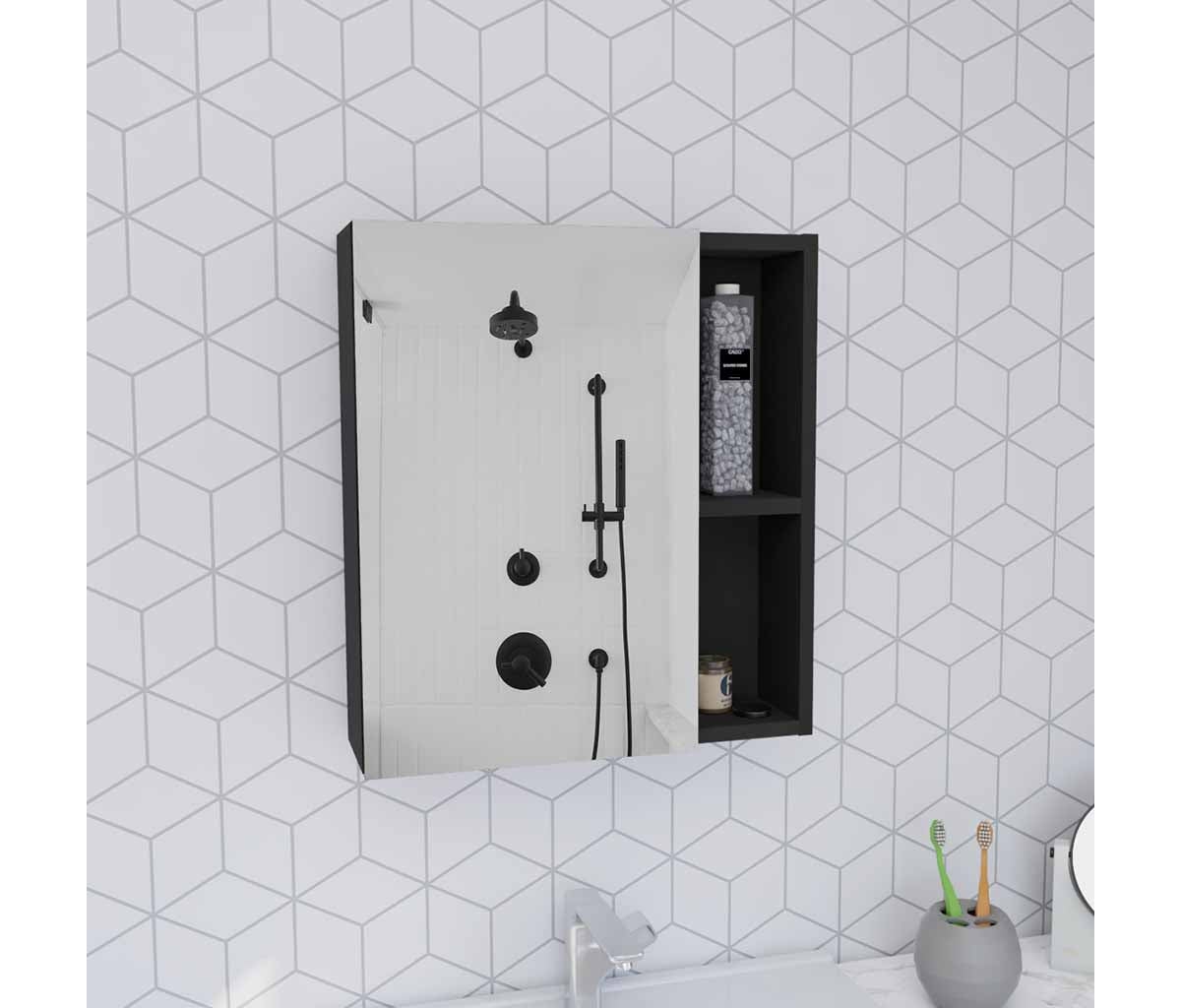 Andes Medicine Single Door Cabinet With Mirror, Five Interior Shelves - Black