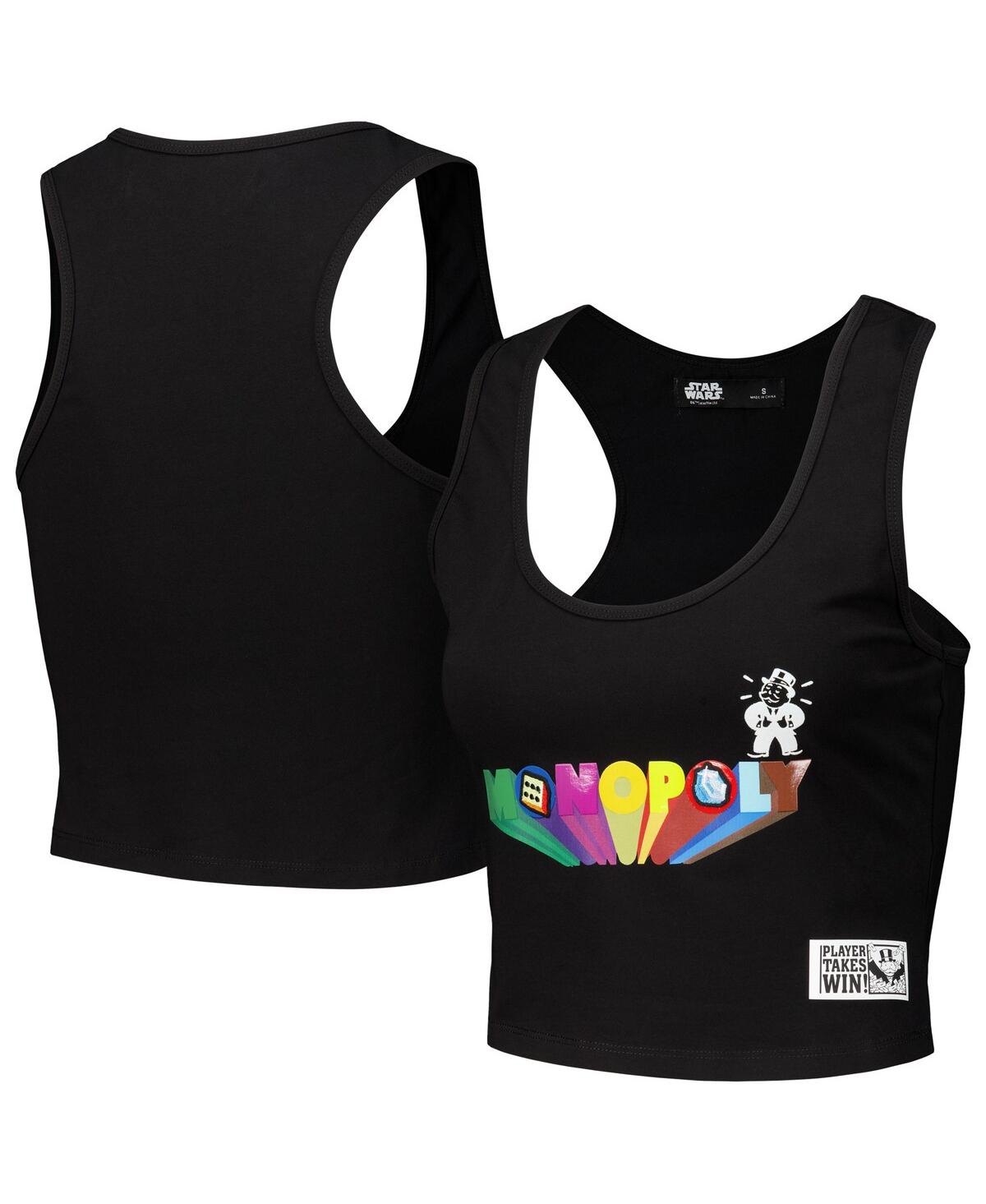 Women's Black Monopoly Tri-Blend Cropped Racerback Tank Top - Black