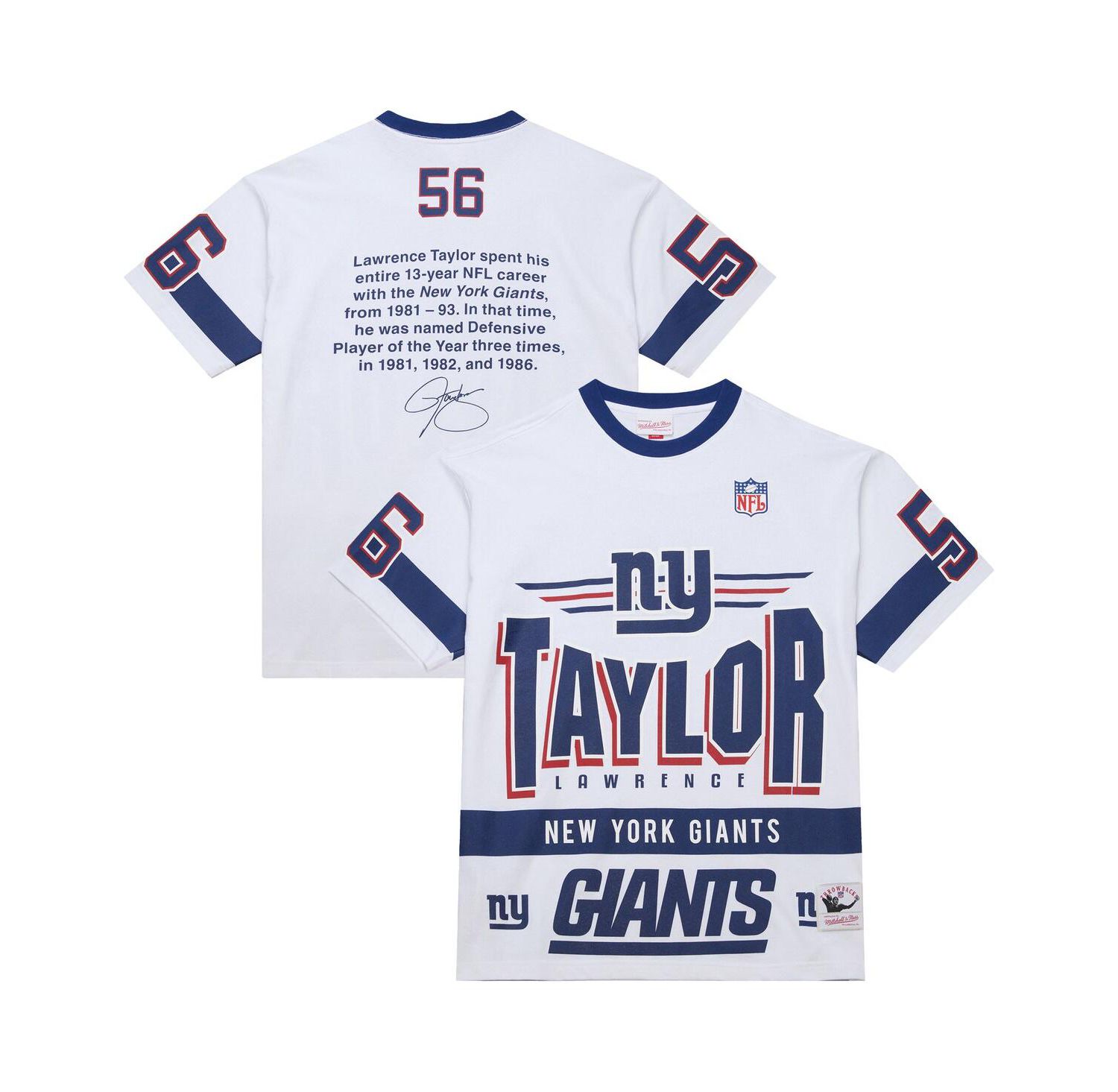 Men's Lawrence Taylor White New York Giants Name & Number Team Origins Vintage Logo T-Shirt