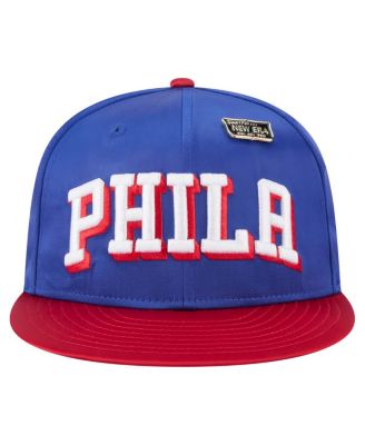 Men's Royal/Red Philadelphia 76ers Throwback Satin Vintage Pin Two-Tone 59FIFTY Fitted Hat