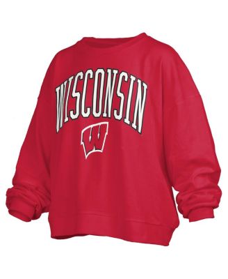 Women's Red Wisconsin Badgers Janise Arch Over Logo Waist Length Oversized Pullover Sweatshirt