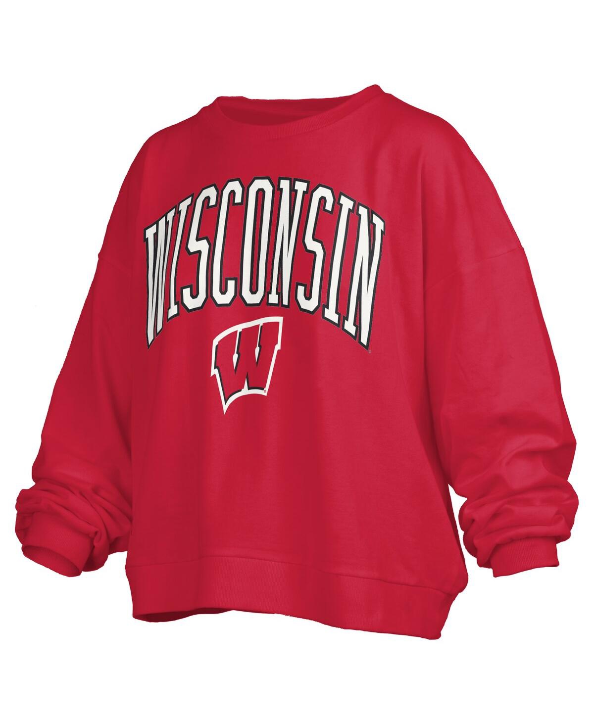 PRESSBOX WOMEN'S RED WISCONSIN BADGERS JANISE ARCH OVER LOGO WAIST LENGTH OVERSIZED PULLOVER SWEATSHIRT 