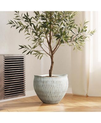 White with Gold V-Pattern Polyresin 12-Inch Round Planter