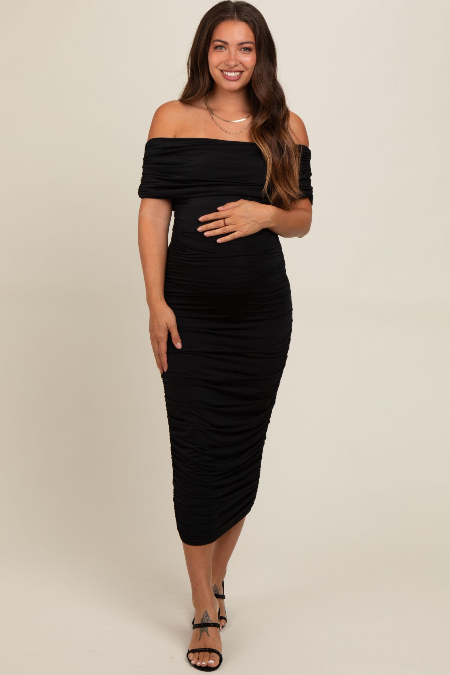 Women's Black Off Shoulder Ruched Midi Dress