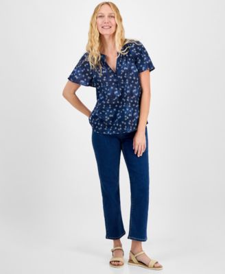 Style & Co Petite Printed Split-Neck Flutter-Sleeve Top