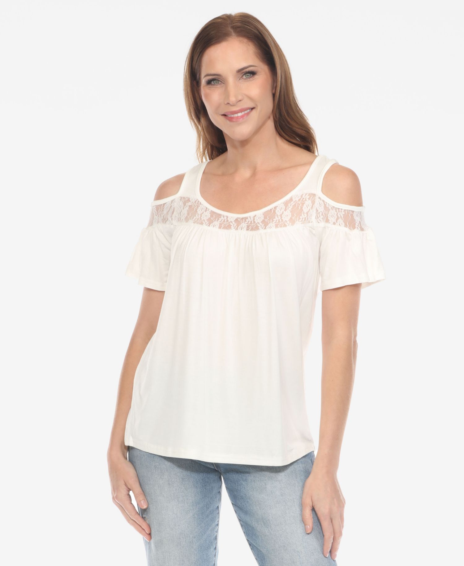 Plus Size Cold Shoulder Lace Trim Knit Top