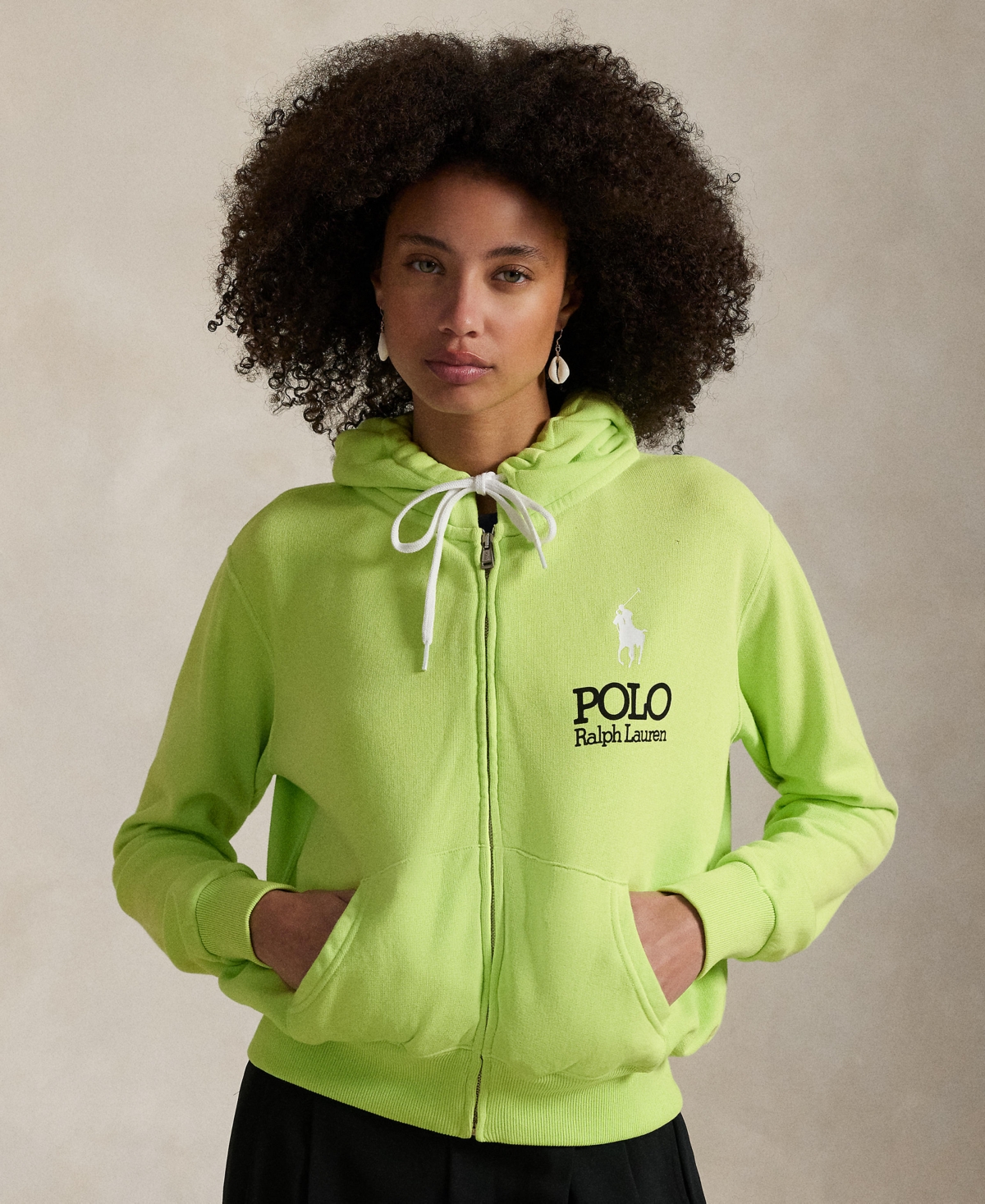 Polo Ralph Lauren Women's Big Pony Lightweight Fleece Zip Hoodie Sweatshirt - Electric Lime