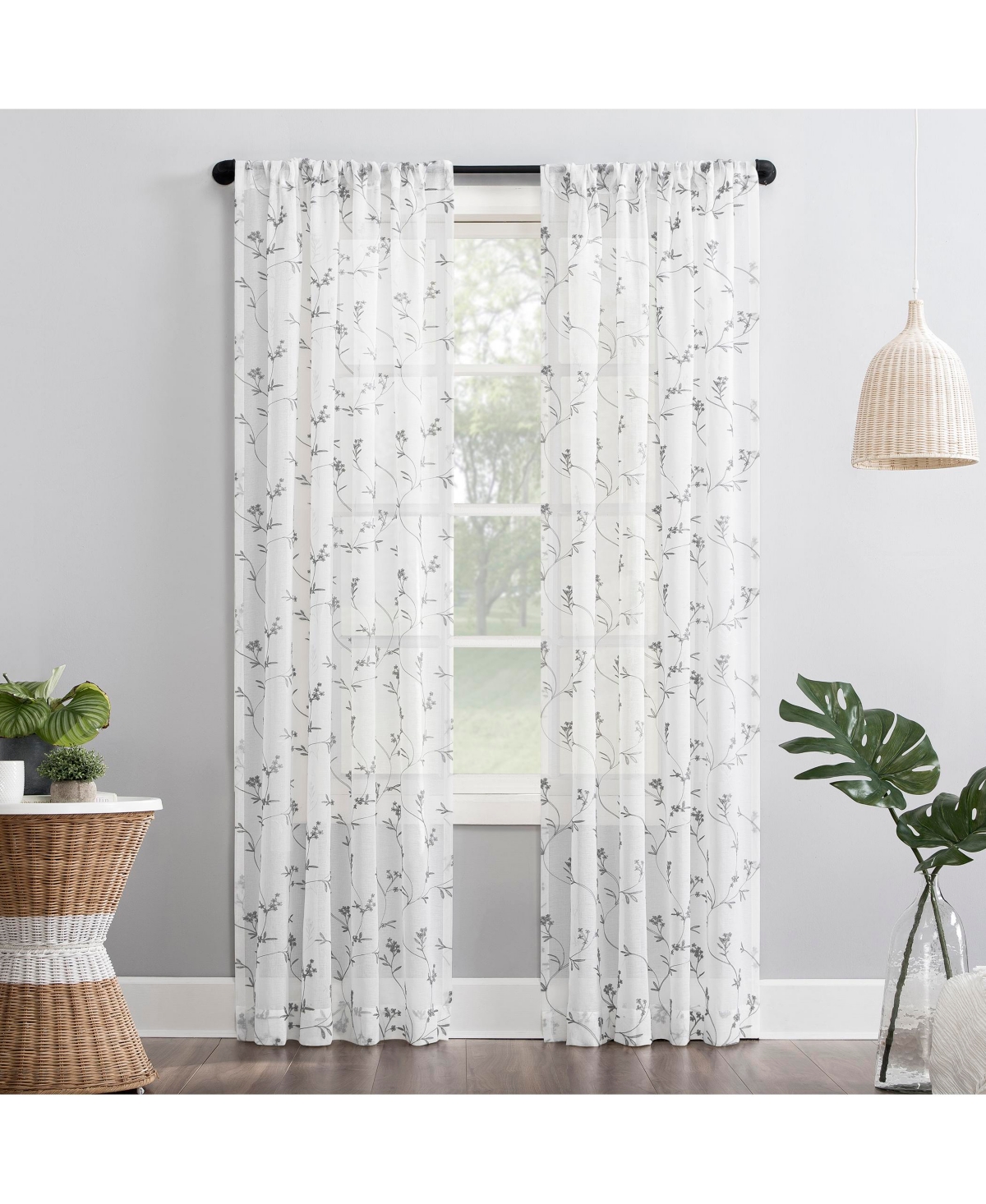 Delia Embroidered Floral Sheer Rod Pocket Curtain Panel - Ivory