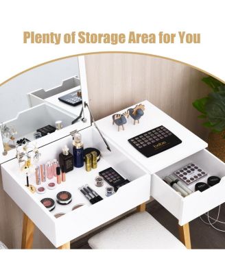 Wooden Vanity Table with Flip Top Mirror and Cushioned Stool