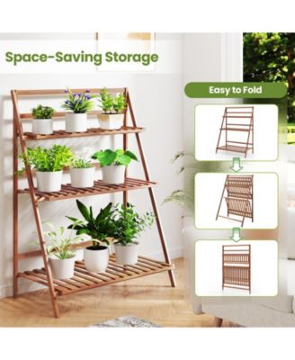 3-Tier Bamboo Ladder Shelf Foldable Plant Flower Bookshelf