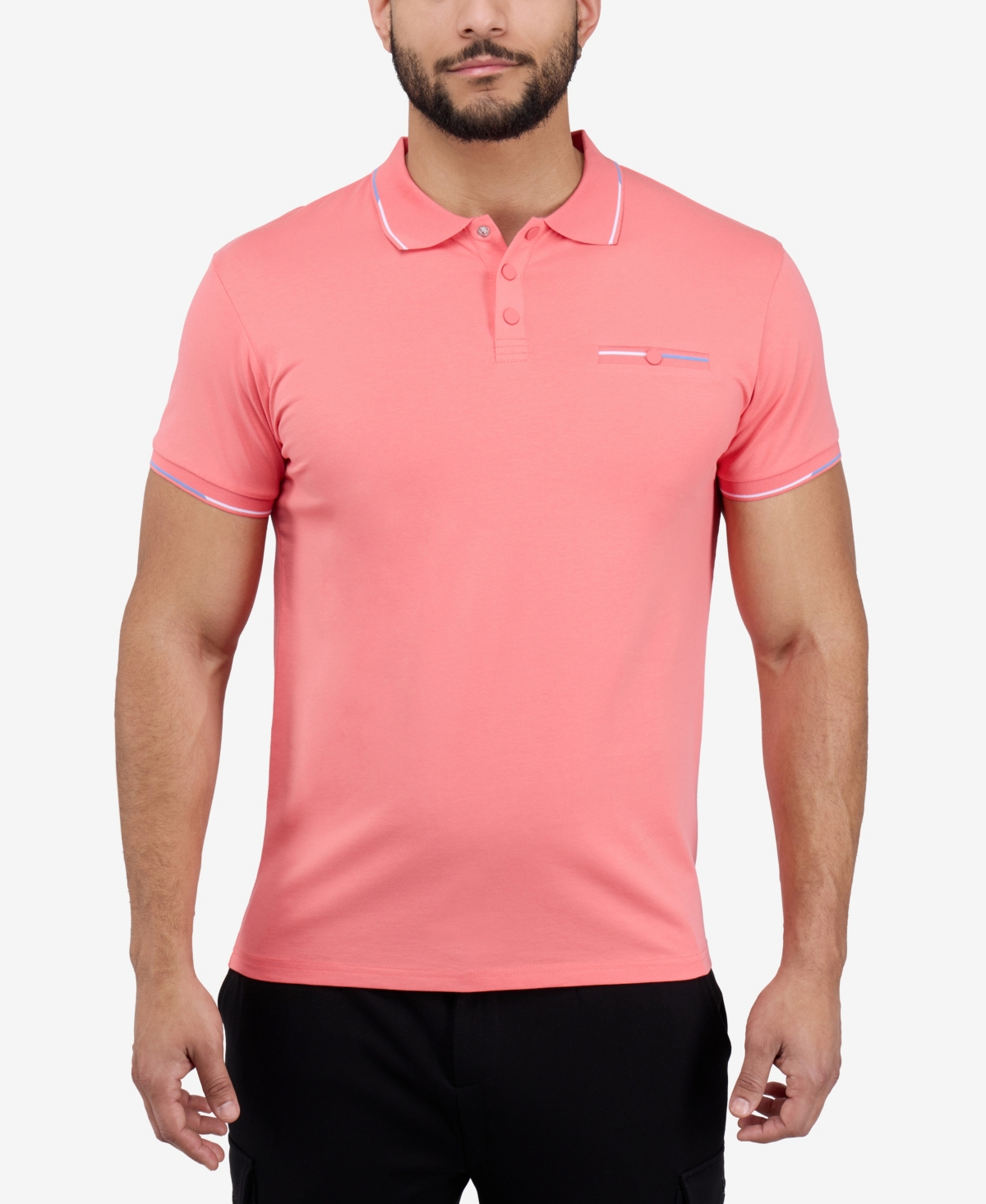 Men's Polo with Rib Collar and Pocket Polo Shirt - Coral, Marina blue