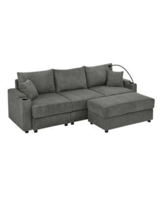 Modern L-Shaped Couch with Ottoman & Storage Grey Corduroy