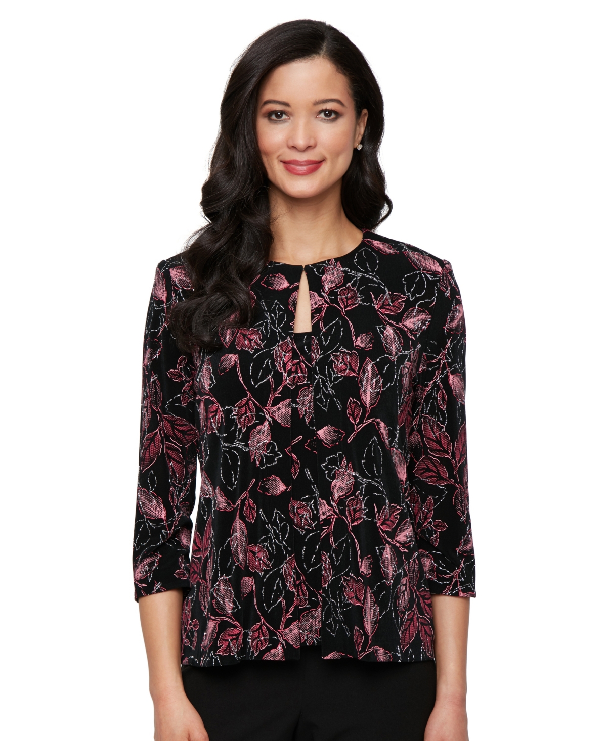 Petite 2-Pc. 3/4-Sleeve Jacket & Top Set - Black, Fuchsia