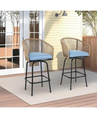 Outdoor Bar Stools Set of 2, 2-Piece Patio Bar Stools with Armrests, All Weather Rattan Bar Chairs with Backrest, Wicker Bar Stools for Backyard, Garden, Pool, Balcony and Deck-Blue