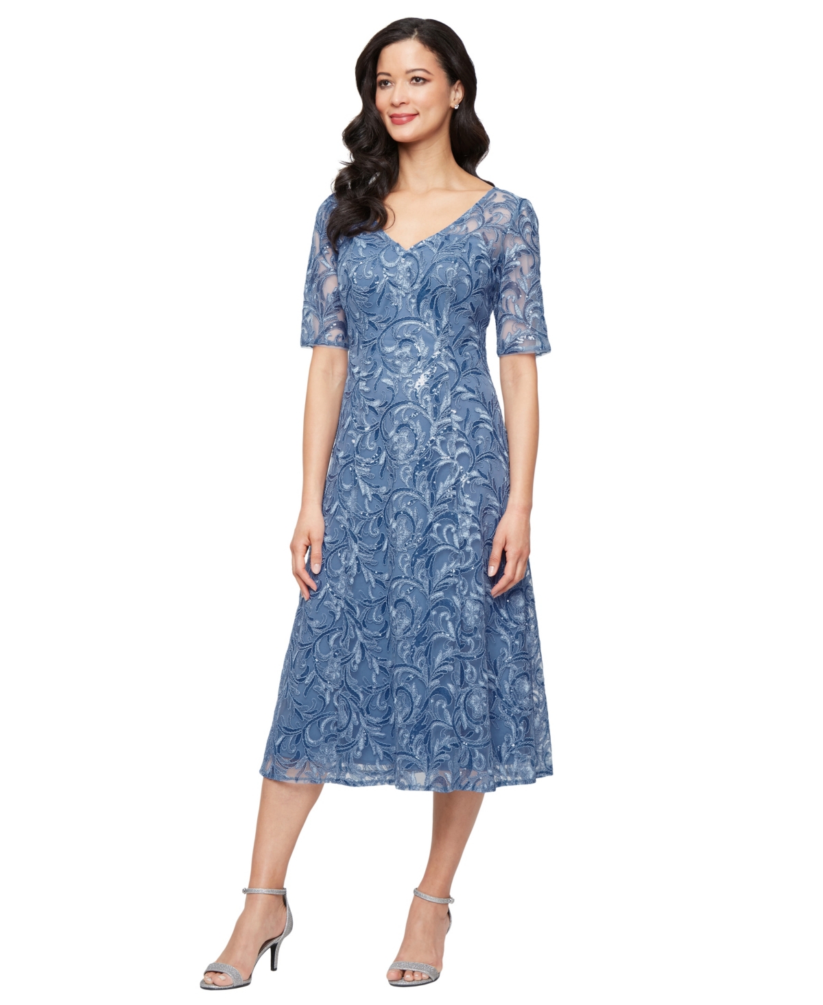 Women's Short-Sleeve Stretch Tulle Midi Dress - Dusty Blue