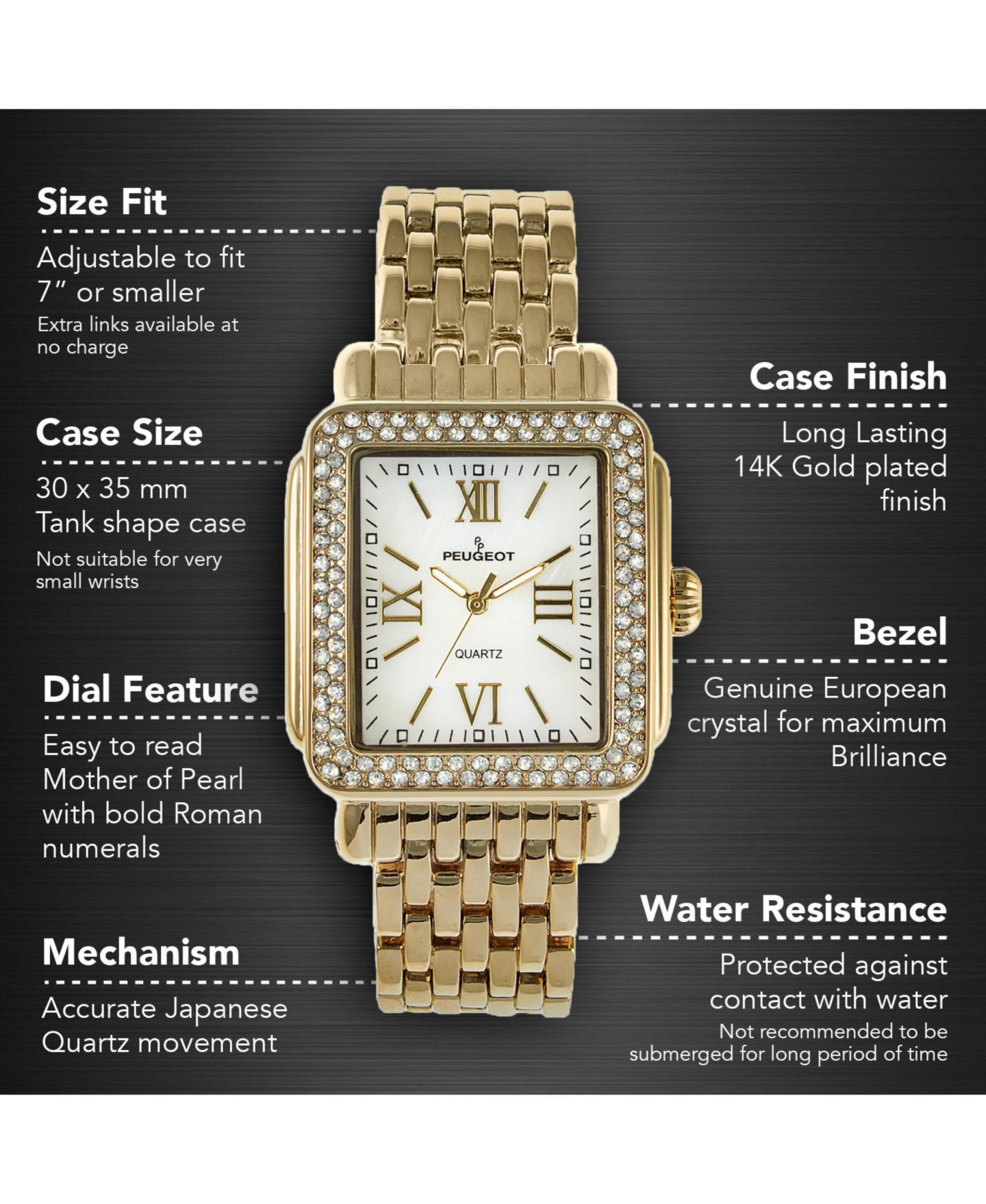 Женские часы Peugeot Gold Tank Bracelet Watch with Panther Link Gold-Tone Bracelet Strap, цвет: Золотой — фото 6