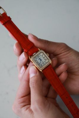 Women's 34x24mm Tank Watch with Crystal Bezel Red Leather Strap