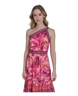 Women's Mixed-Print One-Shoulder Tiered Midi Dress