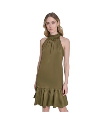 Women's Satin Ruffled A-Line Halter Dress