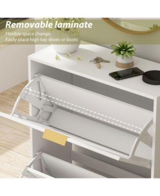 Wooden 3-door natural shoe cabinet,Mirror door panel, multi-purpose shoe rack with metal handles