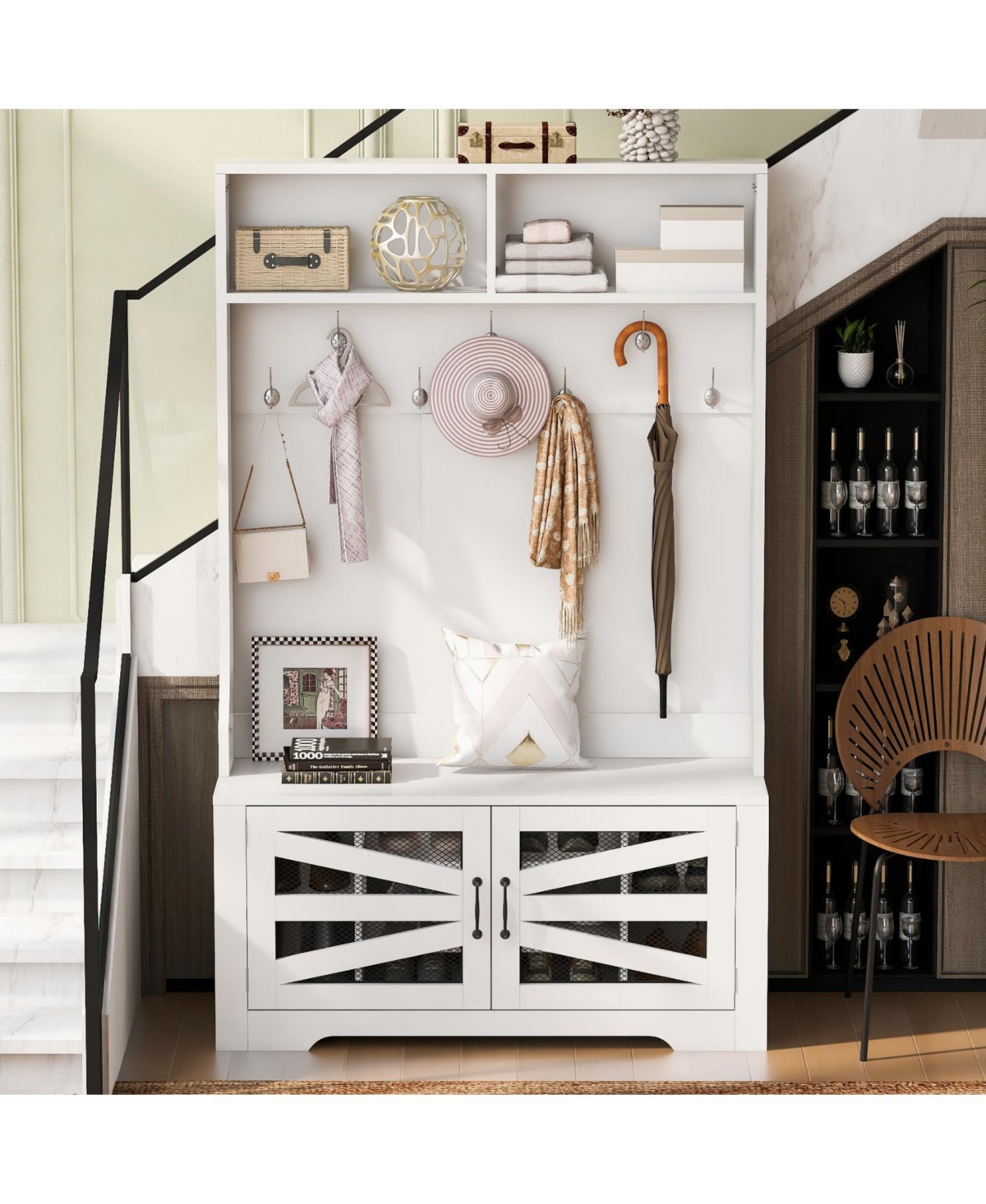 Entryway Bench with Coat Rack & Adjustable Shelves - White