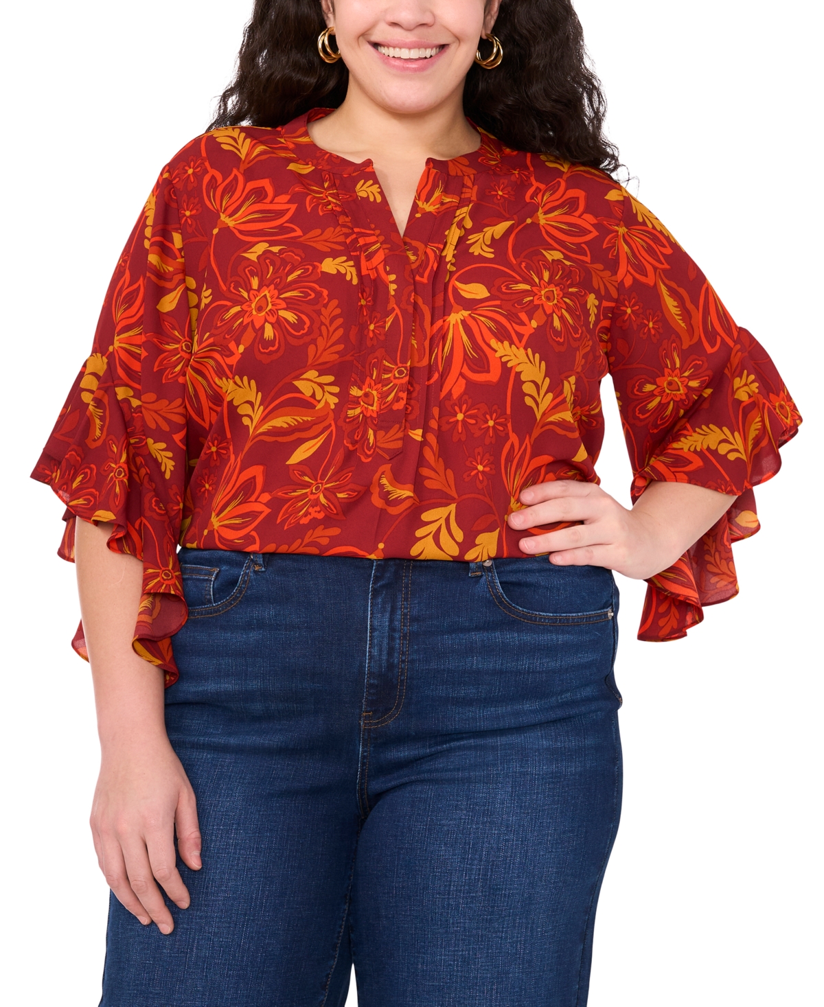 Vince Camuto Plus Size Split-neck Ruffle-cuff Blouse In Burgundy