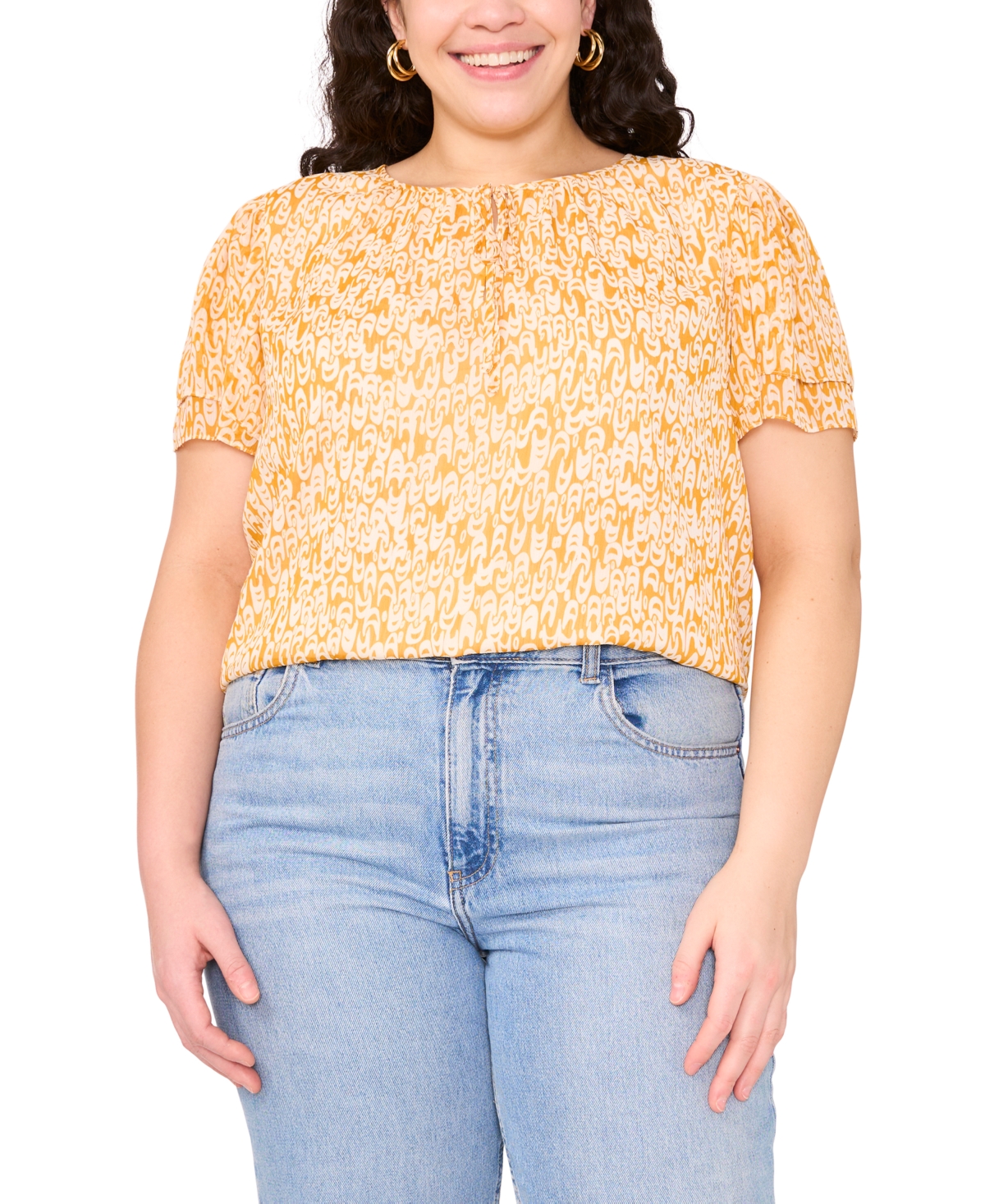 Vince Camuto Plus Size Printed Split-neck Flutter-sleeve Blouse In Yellow