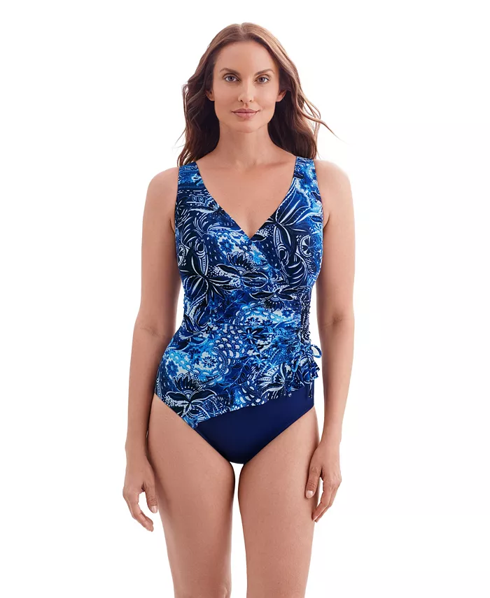 Women's Paisley Garden Ruffle Surplice Long Torso One-Piece Swimsuit