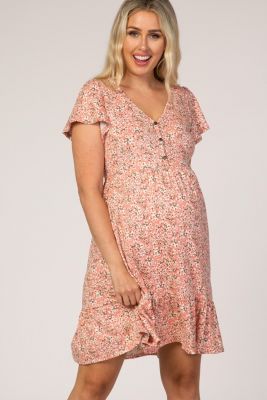 Maternity Pink Floral Ruffle Accent Dress