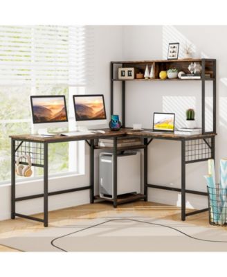 L-shaped Desk with Power Outlet Hutch