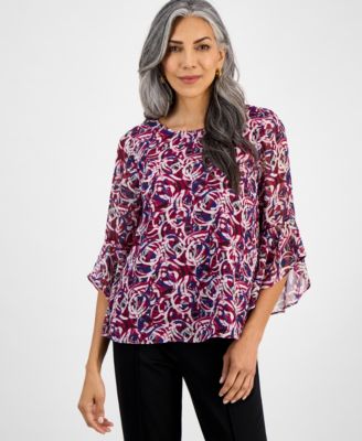 Kasper - Petite Flutter-Sleeve Abstract-Print Top