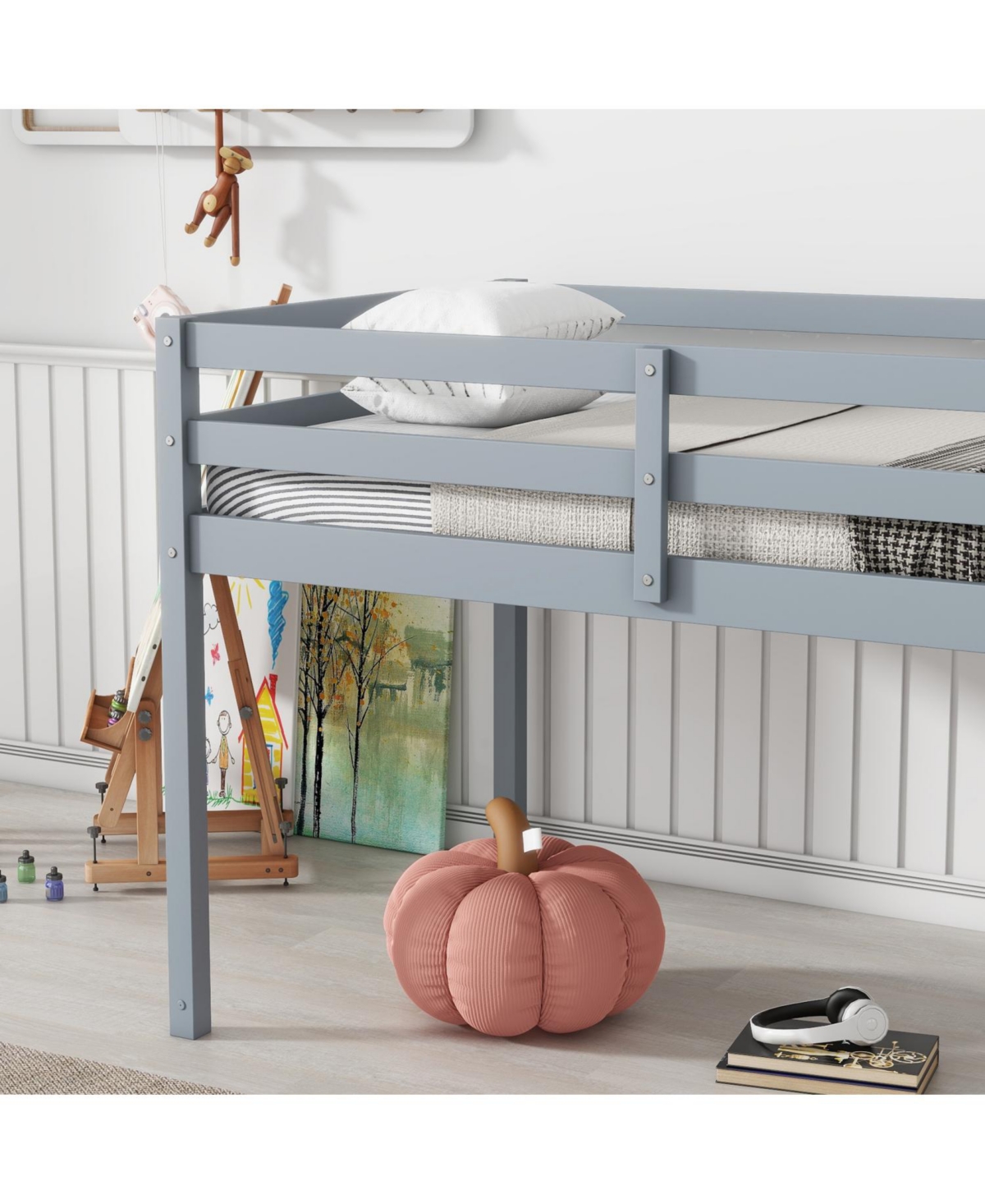 Streamdale Furniture Solid Wooden, Rubber Wooden Twin Loft Bed with Ladder, Bed Platform of Strengthened Slats, Grey