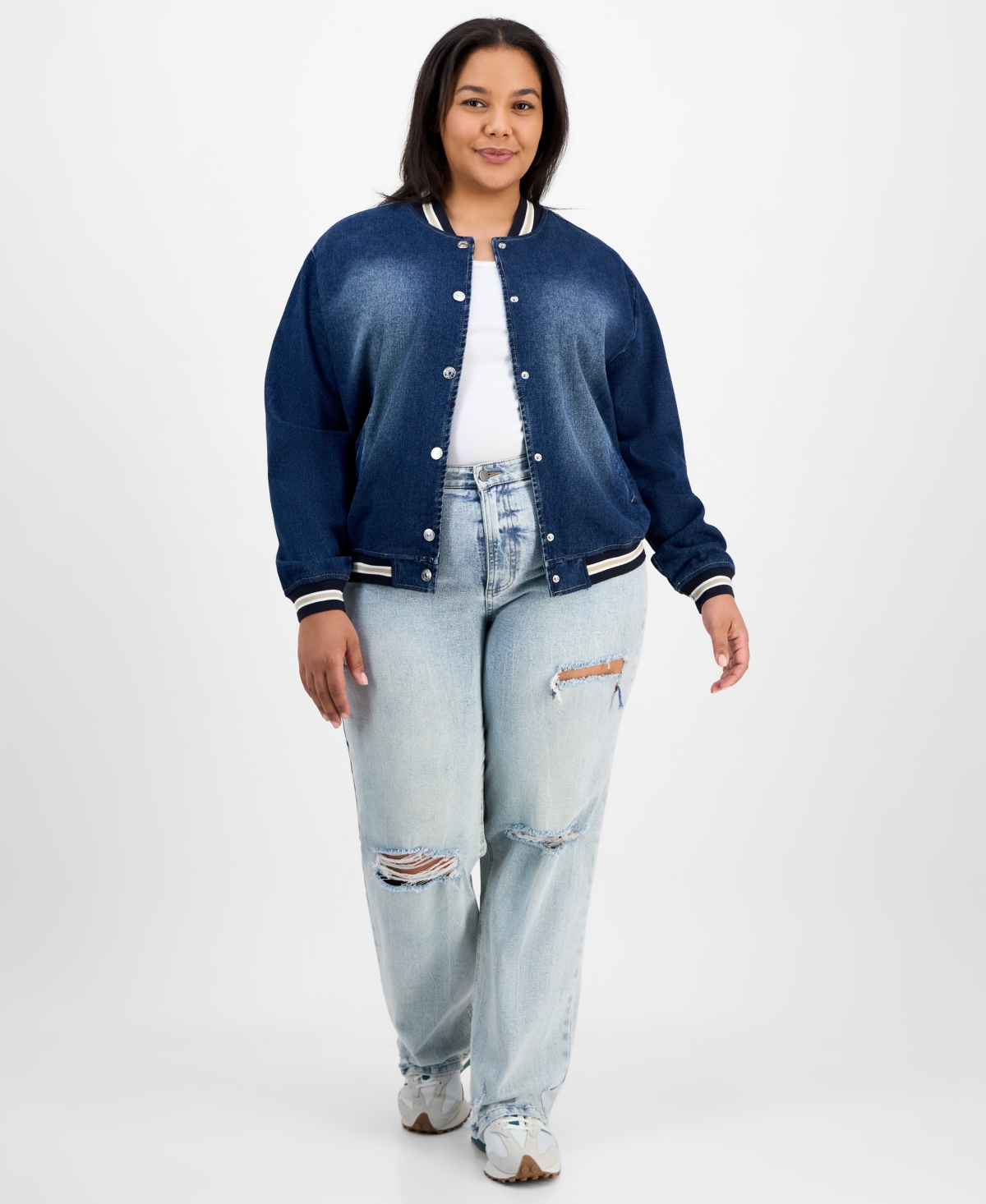 Trendy Plus Size Denim Bomber Jacket - Dark Wash