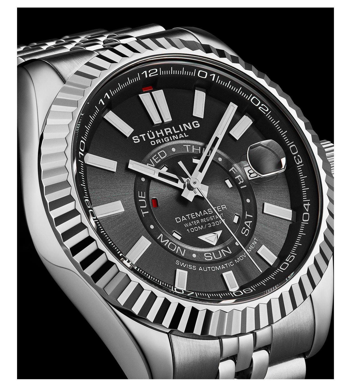 Мужские швейцарские автоматические часы Stuhrling Datemaster II, 42 мм, чёрный циферблат — фото 5