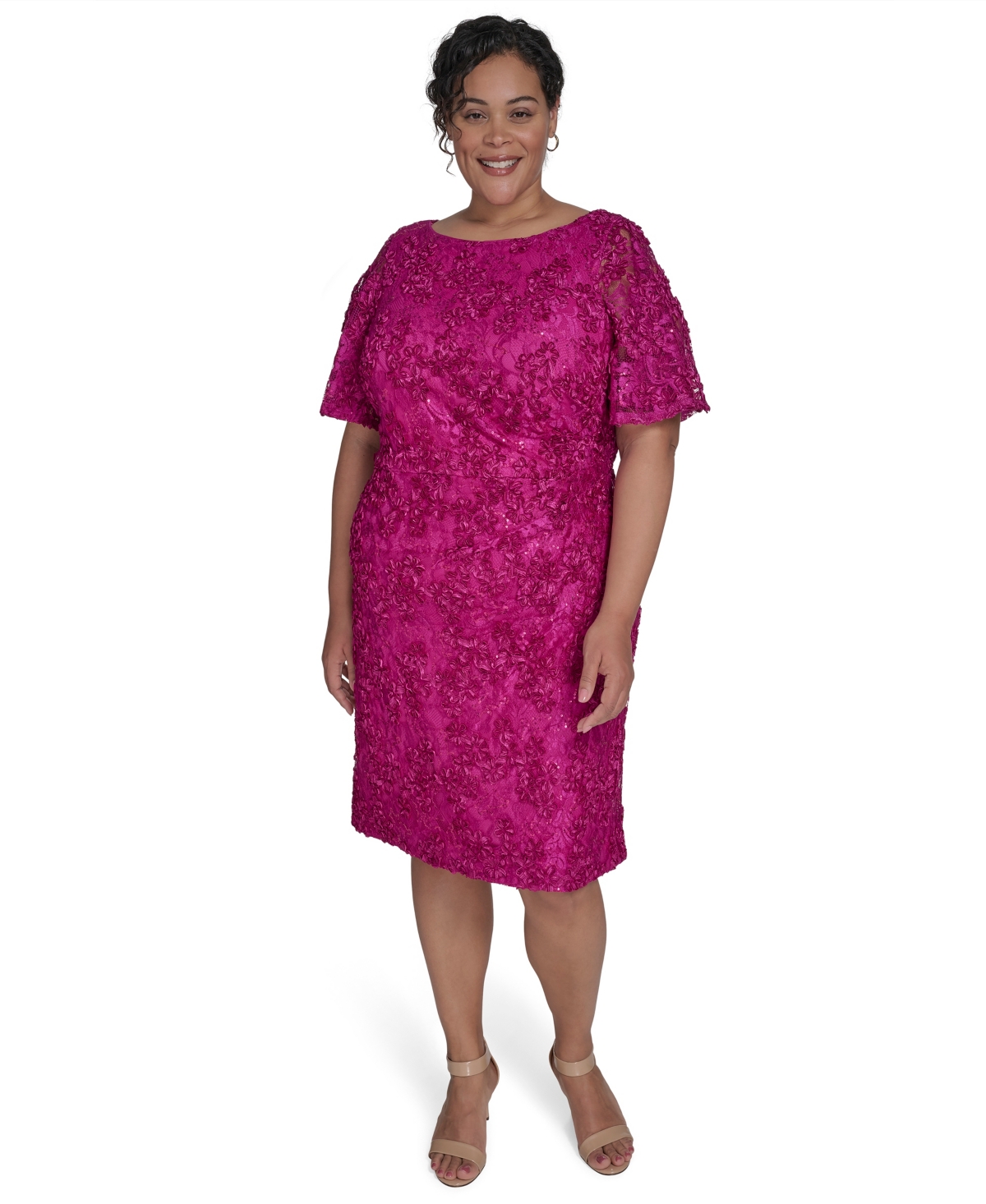 Plus Size Soutache Lace Flutter-Sleeve Dress - Magenta