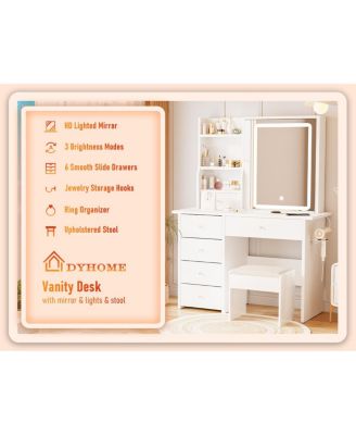 Vanity Desk with Sliding Mirror and LED Lights & Charging Station