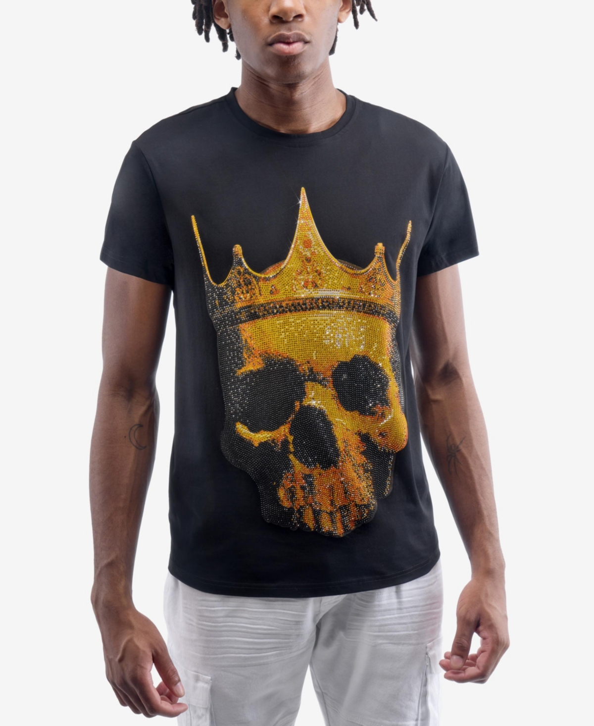 Men's Crown Skull Rhinestone Crew T-Shirt - Black