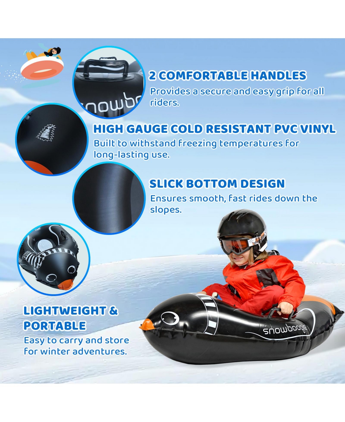Winter Single Rider Snow Tube, 44" Inflatable Animal Sled, Outdoor Toys with Two Handle