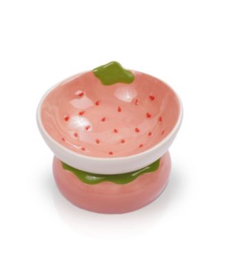 Strawberry Shaped Stoneware Elevated Pet Bowl, Raised Ceramic Food & Water Dish for Dogs and Cats