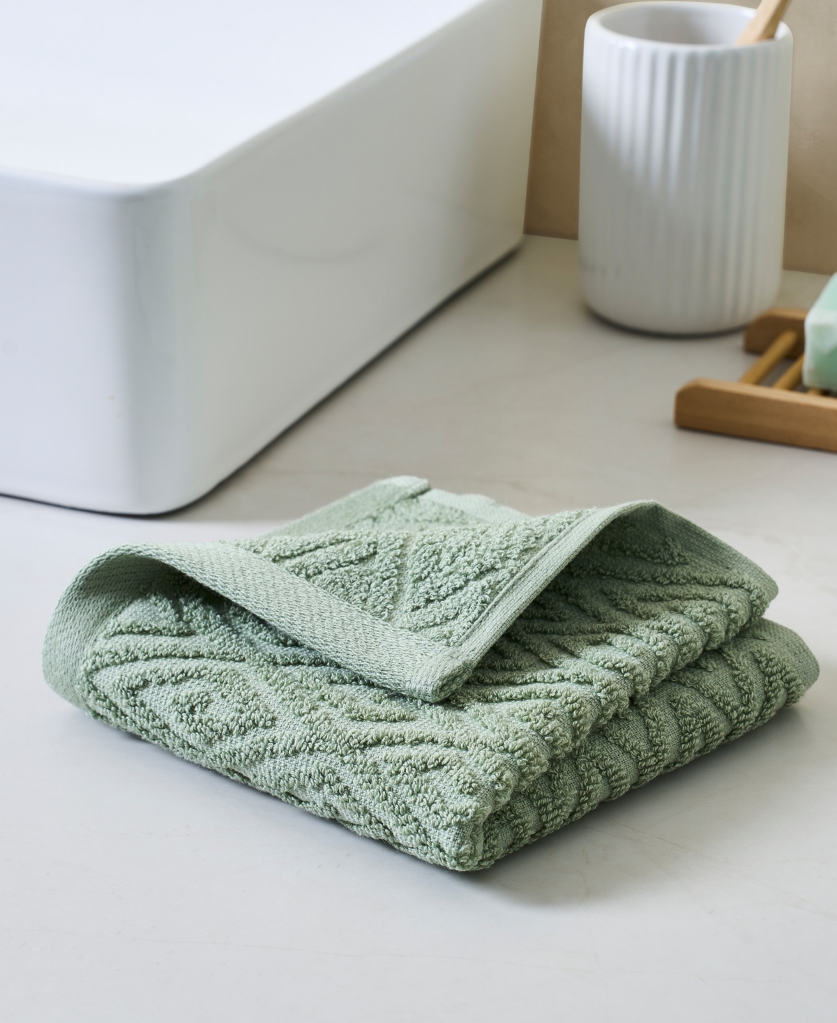 John Robshaw Maze Solid Texture Cotton Washcloth, 12" X 12" In Green
