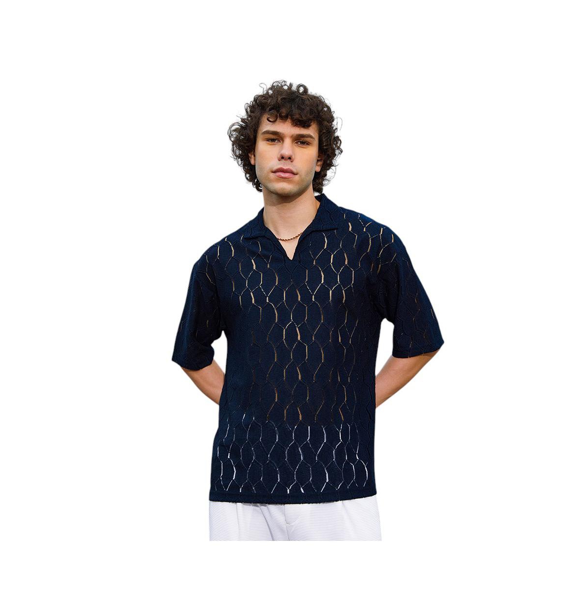 Men's Prussian Blue Honeycomb-Knit Polo T-Shirt - Blue