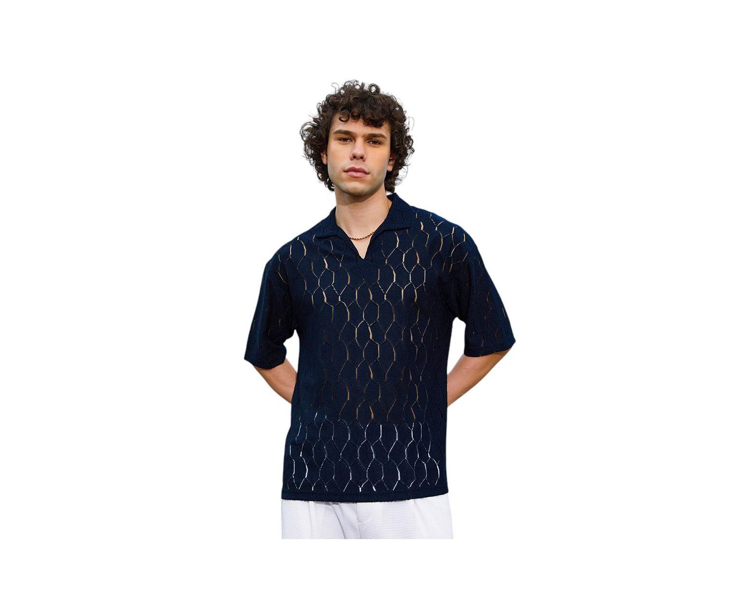 Men's Prussian Blue Honeycomb-Knit Polo T-Shirt