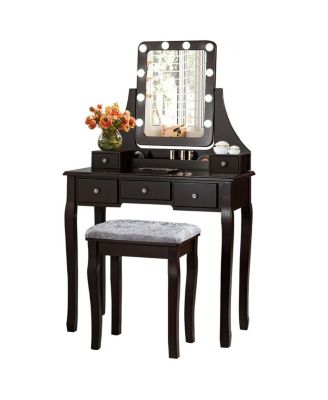 2-Pc. MDF 10 Dimmable Bulb Lighted Vanity Dressing Table Set with Cushioned Stool